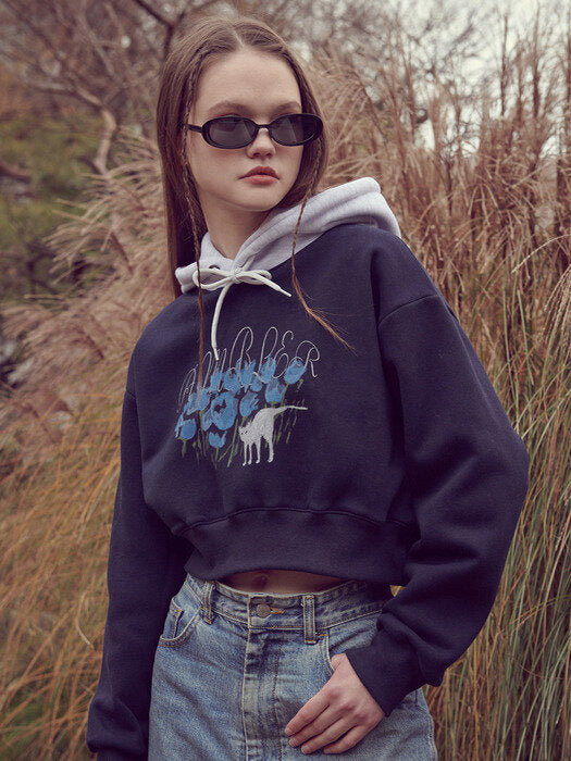 [ambler] Blue Flower Crop Hoodie AHC202 (navy)