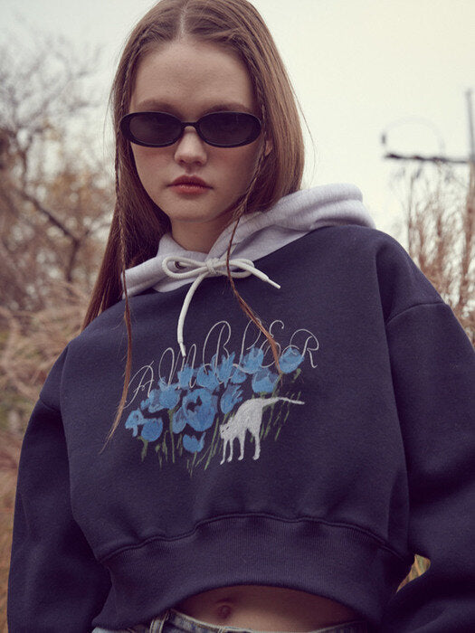 [ambler] Blue Flower Crop Hoodie AHC202 (navy)