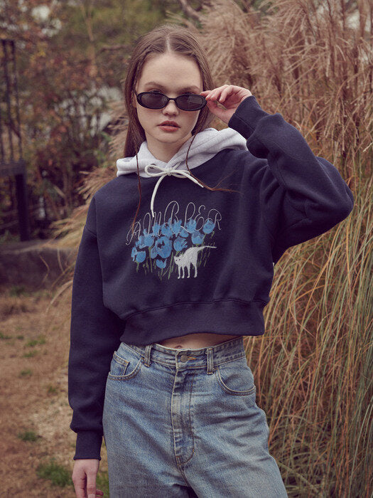 [ambler] Blue Flower Crop Hoodie AHC202 (navy)