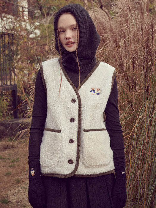 [ambler] Twinlook bear Fleece Vest AYJ201 (khaki)