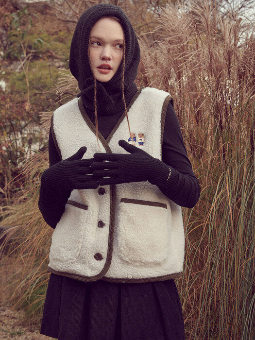 [ambler] Twinlook bear Fleece Vest AYJ201 (khaki)