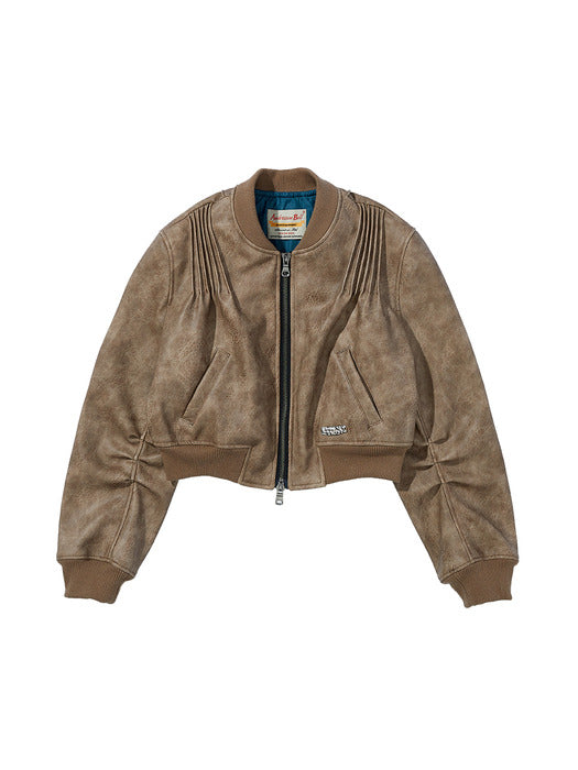 [andersson bell] (WOMEN) TANYA FAUX LEATHER PINTUCK BOMBER JACKET awa516w(BEIGE)