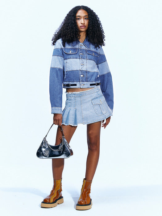 [andersson bell] (WOMEN) APRON WRAP PLEATS DENIM SKIRT apa606w(WASHED BLUE)