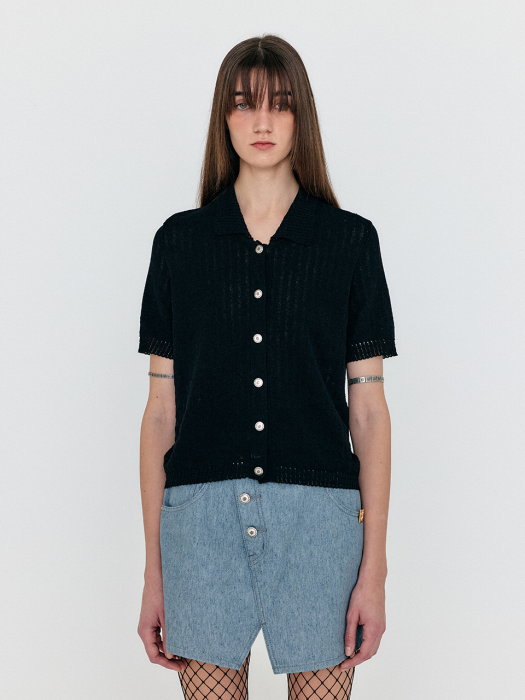 Eenk Werra Square Detail Button-Up Knit Top - Black