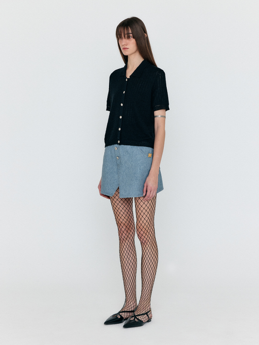 Eenk Werra Square Detail Button-Up Knit Top - Black