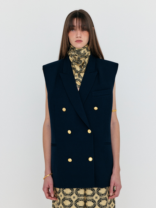 Eenk Winston Oversized Double-Breasted Vest with Scarf - Navy