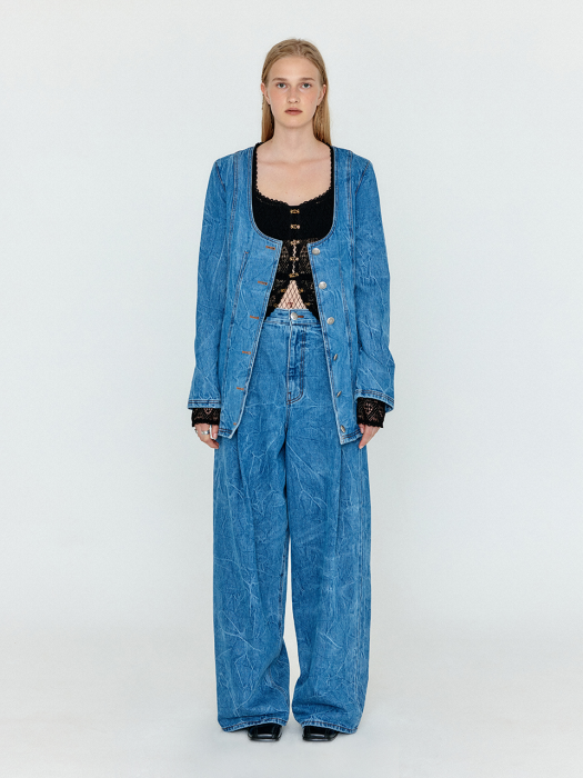 Eenk Wevis U-Neck Denim Jacket - Denim Blue
