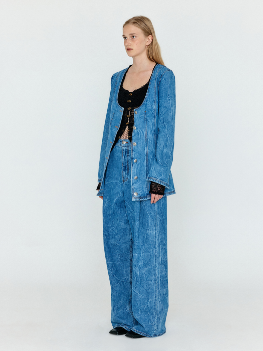 Eenk Wevis U-Neck Denim Jacket - Denim Blue