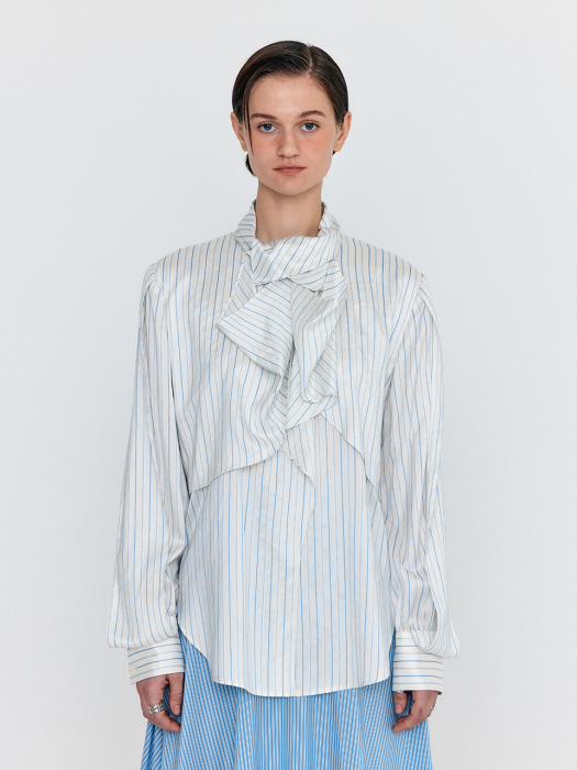 Eenk Wancy Caped Silk Blouse - Ivory/SkyBlue Stripe