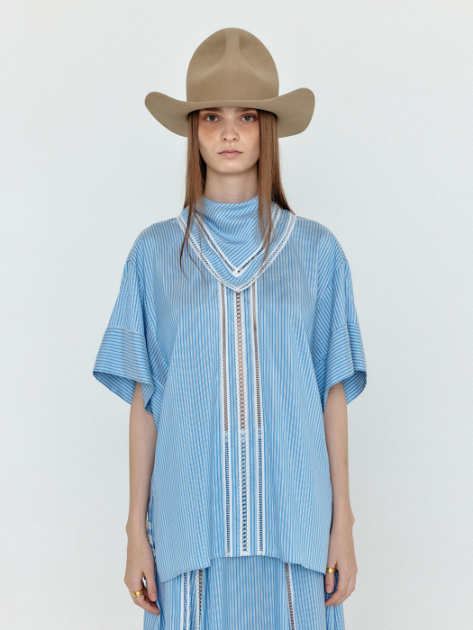 Eenk Wovia Short Sleeve Scarf Blouse - Skyblue Stripe