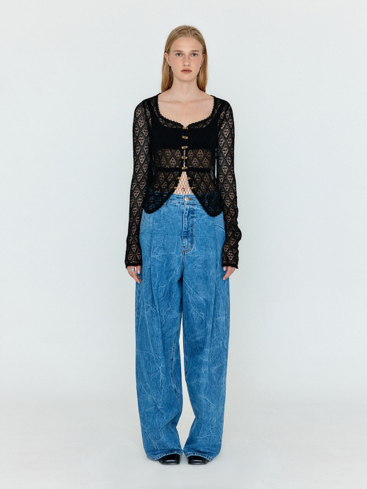 Eenk Wjean Folded Front Wide Denim Pants - Denim Blue