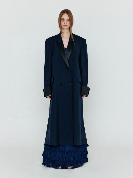 Eenk Welly Double-Breasted Long Coat - Navy