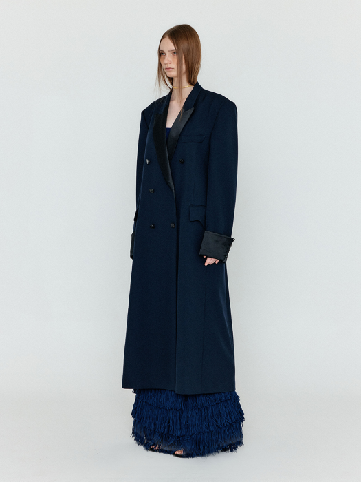 Eenk Welly Double-Breasted Long Coat - Navy