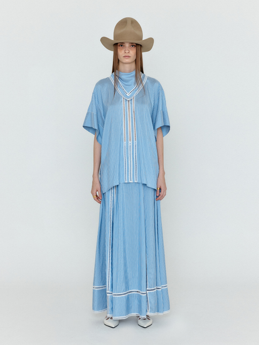 Eenk Wicole Flared Maxi Skirt - Skyblue Stripe