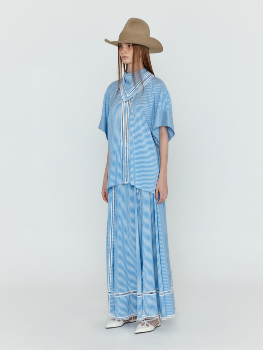 Eenk Wicole Flared Maxi Skirt - Skyblue Stripe