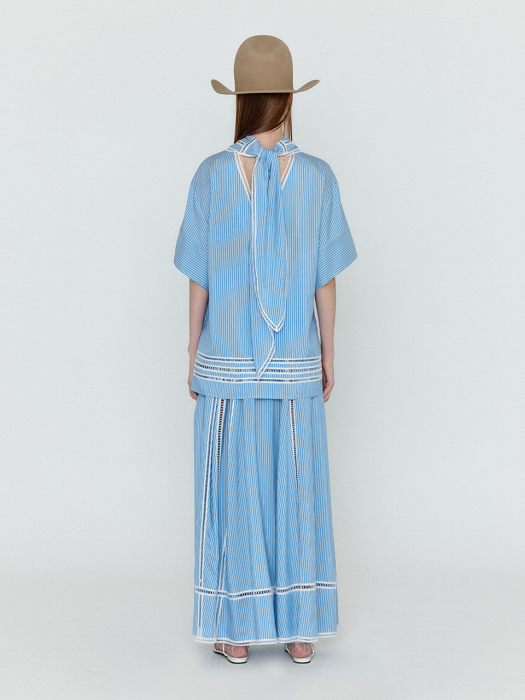 Eenk Wicole Flared Maxi Skirt - Skyblue Stripe