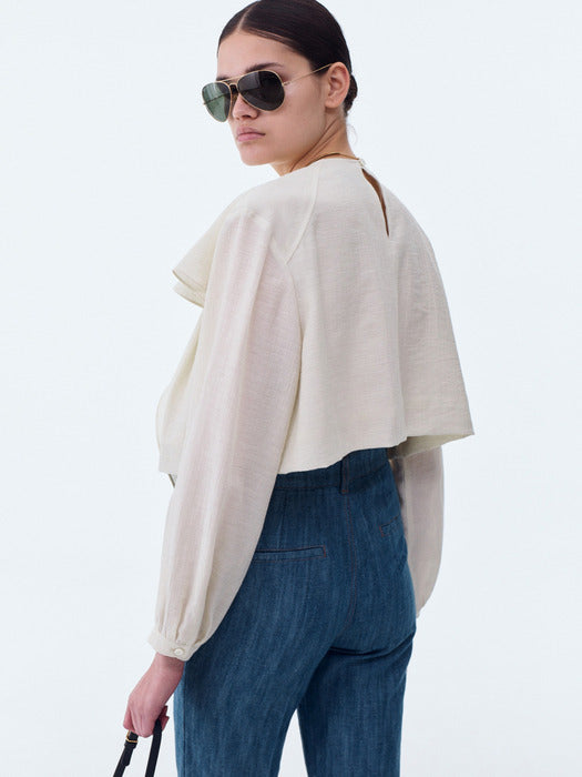 [recto] SHOULDER SCARF LAYER CROP BLOUSE (IVORY)