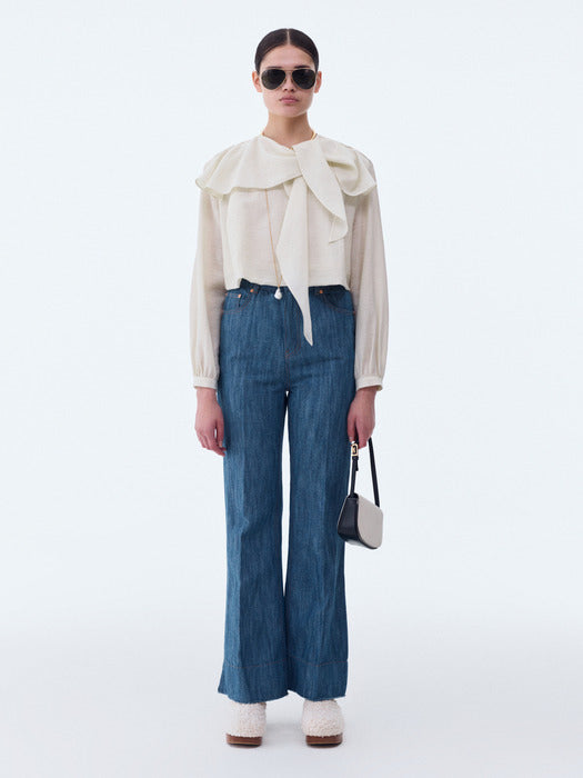 [recto] SHOULDER SCARF LAYER CROP BLOUSE (IVORY)