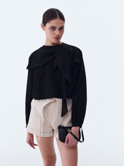[recto] SHOULDER SCARF LAYER CROP BLOUSE (BLACK)