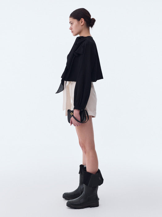 [recto] SHOULDER SCARF LAYER CROP BLOUSE (BLACK)