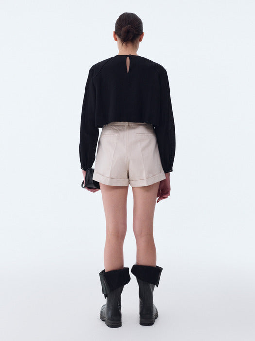 [recto] SHOULDER SCARF LAYER CROP BLOUSE (BLACK)