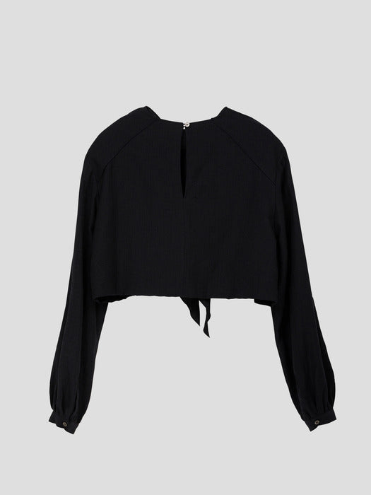 [recto] SHOULDER SCARF LAYER CROP BLOUSE (BLACK)