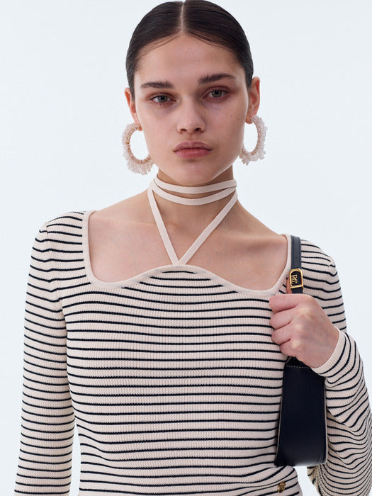 [recto] SIGNATURE NECK MONACO STRIPE KNIT (IVORY)