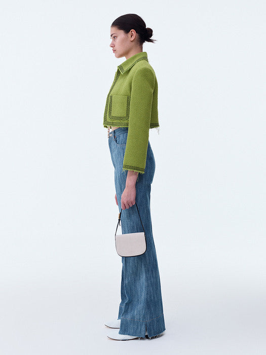 [recto] TARA EMBROIDERY TWEED CROP JACKET (YELLOW GREEN)