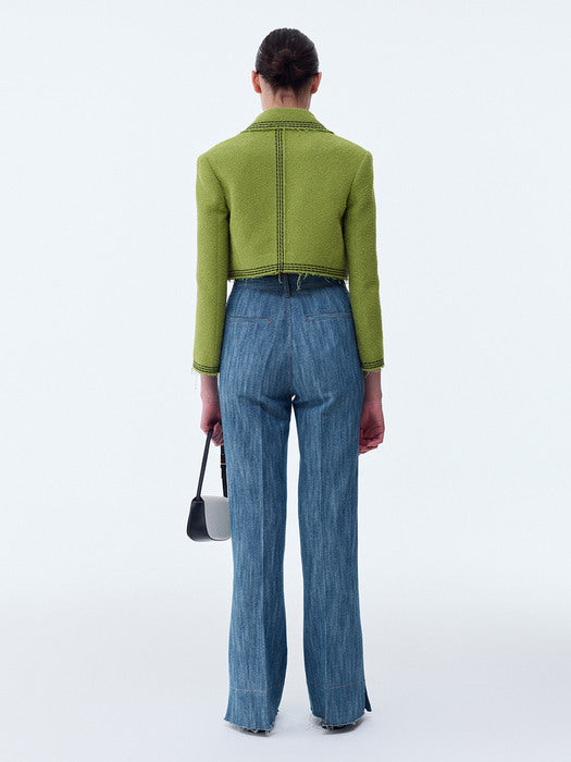 [recto] TARA EMBROIDERY TWEED CROP JACKET (YELLOW GREEN)