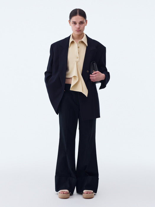 [recto] 70S BOHEMIAN BIG ROLL UP FLARE PANTS (NAVY)