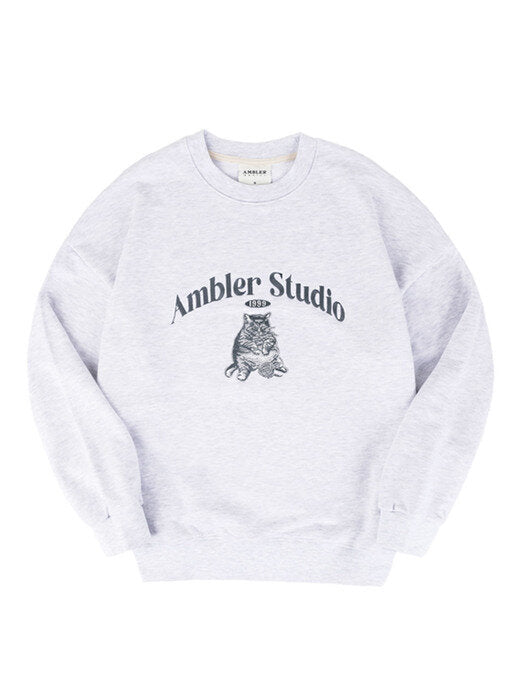 [ambler] Fat Cat Over fit Sweatshirt AMM1101 (White-melange)