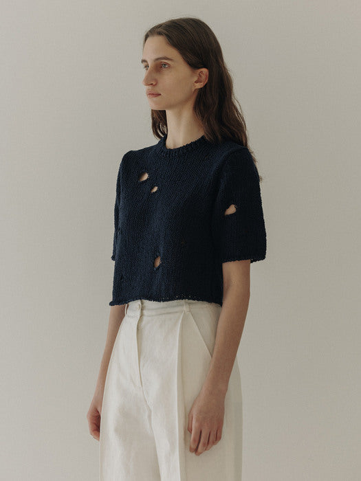 [moia] crop hole knit (navy)