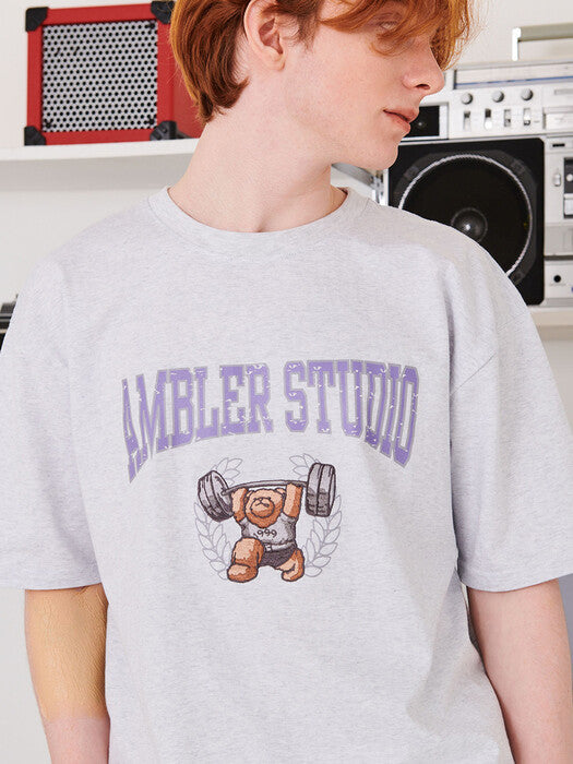 [ambler] Weight lifting bear Over fit T-Shirts AS1007 (White-Melange)
