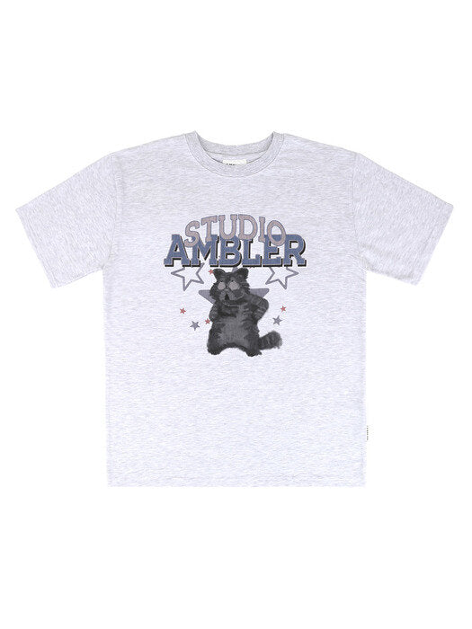 [ambler] A playful cat Over fit T-Shirts AS1008 (White-Melange)