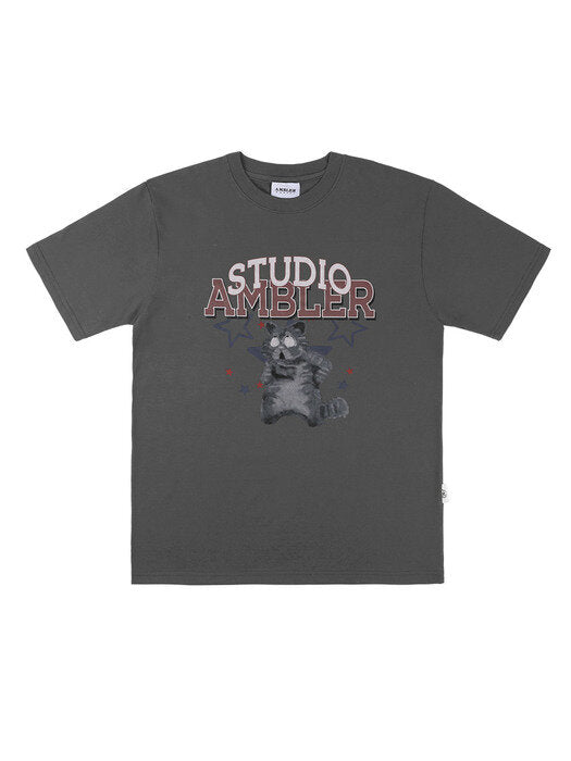 [ambler] A playful cat Over fit T-Shirts AS1008 (Dark Gray)