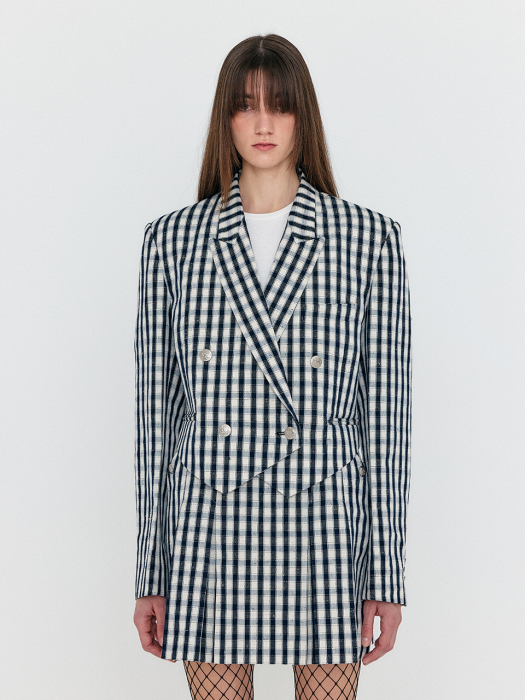 Eenk Wem Double-Breasted Short Blazer - Ivory/Navy Check