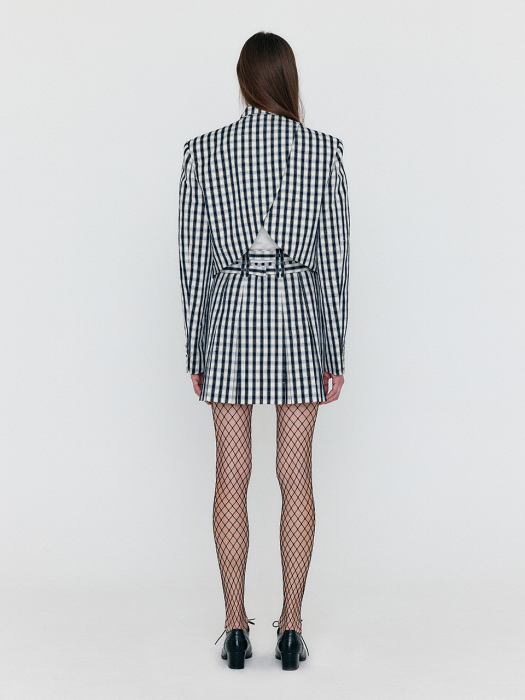 Eenk Wem Double-Breasted Short Blazer - Ivory/Navy Check