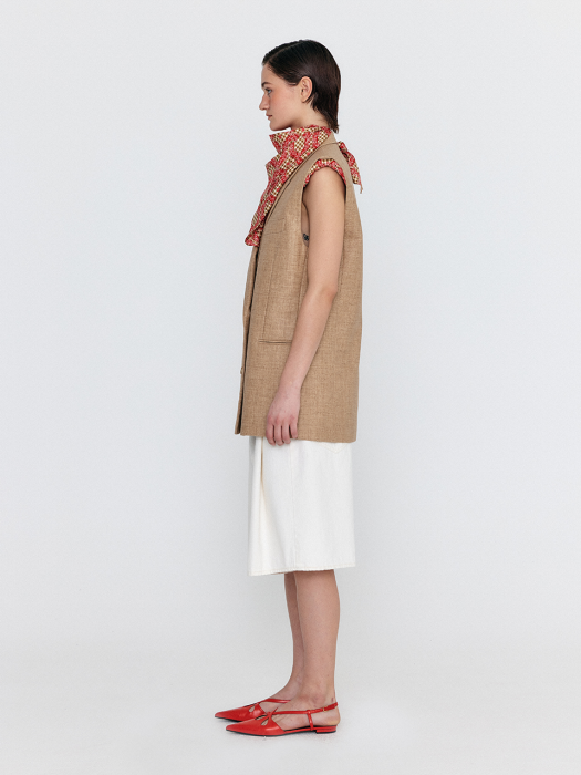 [EENK] Winston Oversized Double-Breasted Vest with Scarf - Camel