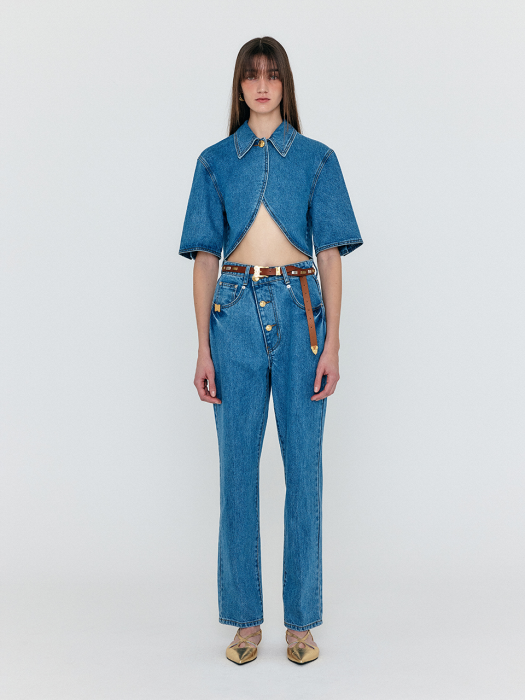 [EENK] Weneva Asymmetric Front Denim Pants - Blue