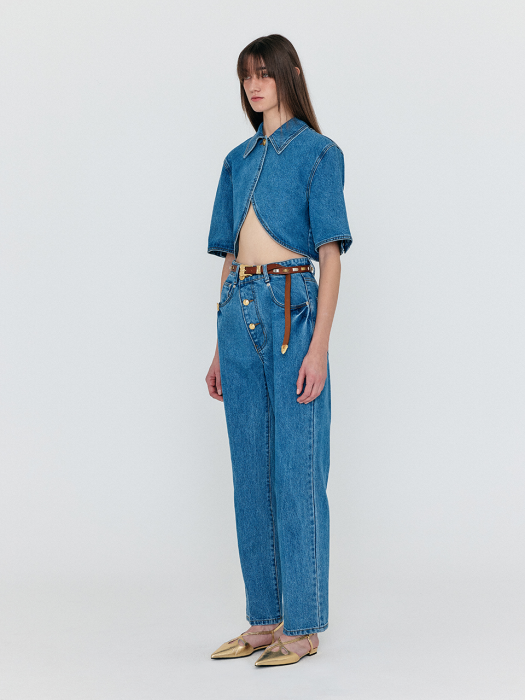 [EENK] Weneva Asymmetric Front Denim Pants - Blue