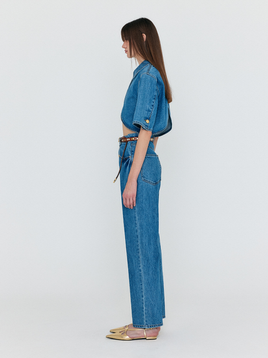 [EENK] Weneva Asymmetric Front Denim Pants - Blue
