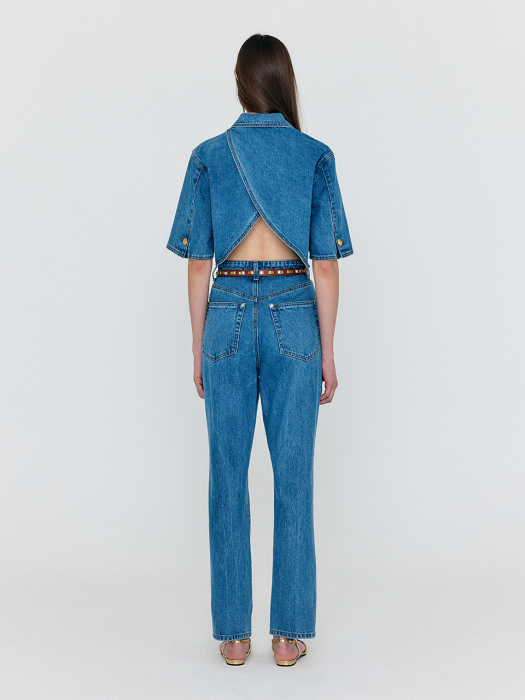 [EENK] Weneva Asymmetric Front Denim Pants - Blue