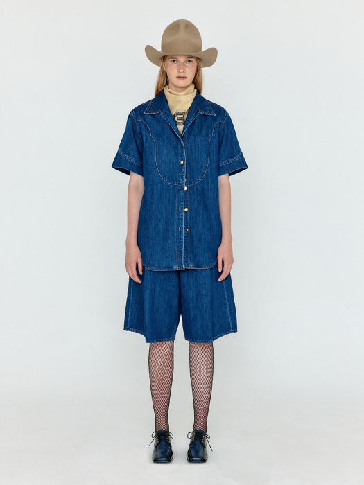 Eenk Wico Folded Front Denim Bermuda Shorts - Denim Blue