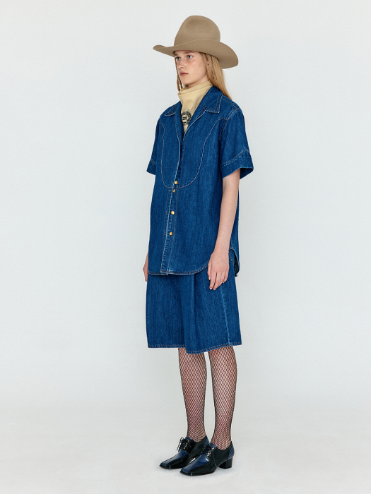 Eenk Wico Folded Front Denim Bermuda Shorts - Denim Blue