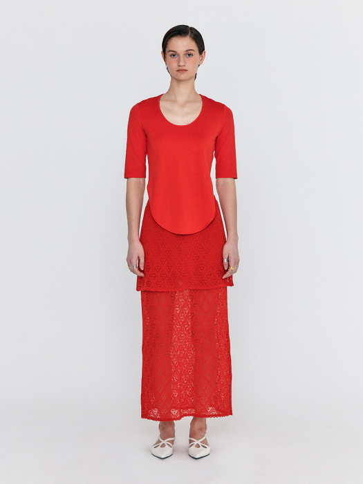 Eenk Wiony Diamond-Lace Layered Knit Skirt - Red