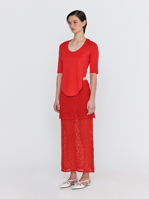 Eenk Wiony Diamond-Lace Layered Knit Skirt - Red