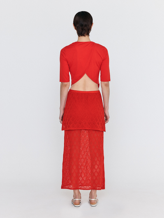 Eenk Wiony Diamond-Lace Layered Knit Skirt - Red