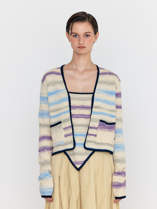 Eenk Wioletta Pocket Front Knit Cardigan - Cream Stripe
