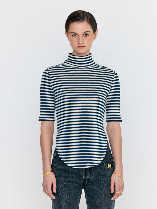 Eenk Wersey High Neck Stripe Jersey Top - Navy/Ivory Stripe