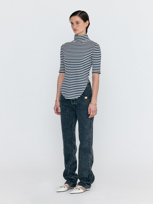 Eenk Wersey High Neck Stripe Jersey Top - Navy/Ivory Stripe